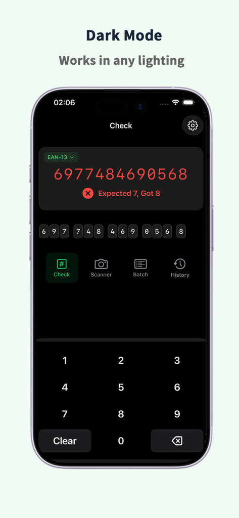 UpCheck Pro: UPC Digit Checker - UpCheck Pro app screenshot showing a barcode digit validation error on a dark mode interface with a numeric keypad.
