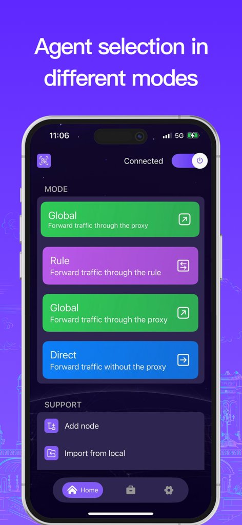VPN - Super VPN Buck - Interfaz que muestra los modos de proxy global, por reglas y directo para la conexión VPN.