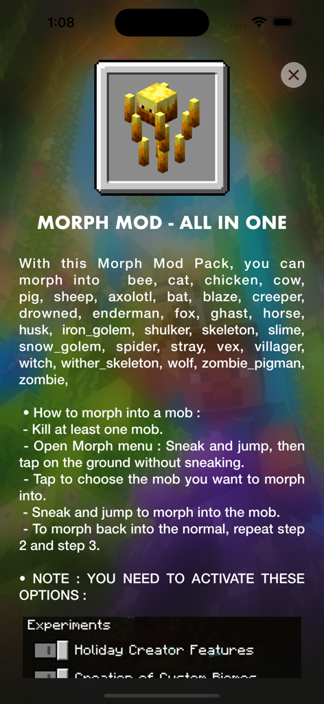 MCPE ADDONS - MORPH MODS • - Instruction screen for the Minecraft Morph Mod showing a list of transformable mobs and usage steps