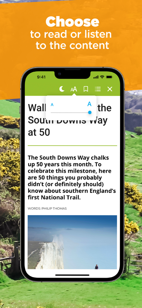 Country Walking Magazine - Reading interface of Country Walking Magazine app showing font size controls and a hiking article