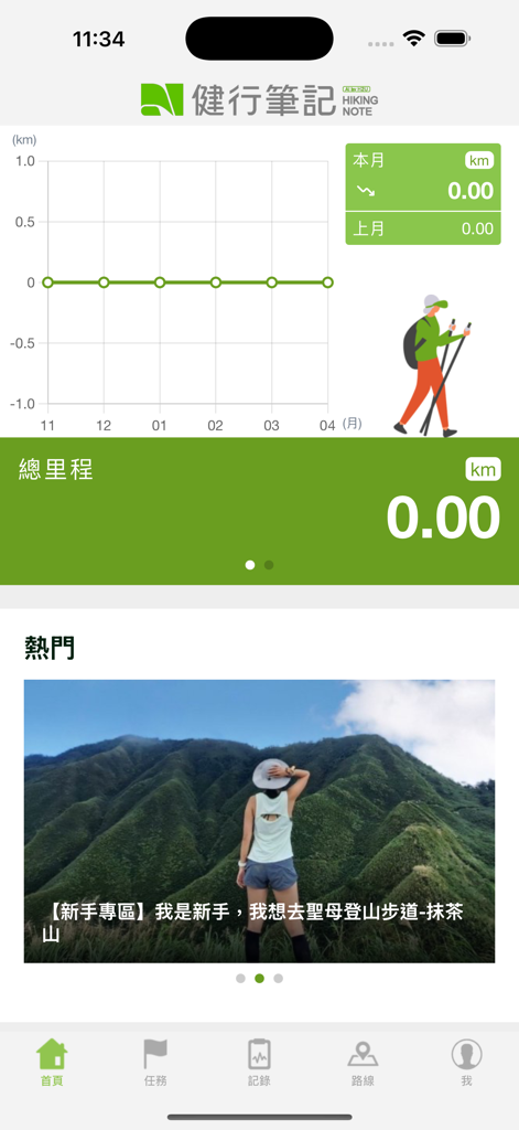 Home screen dashboard of the Hiking Biji app showing monthly statistics and popular hiking trail suggestions