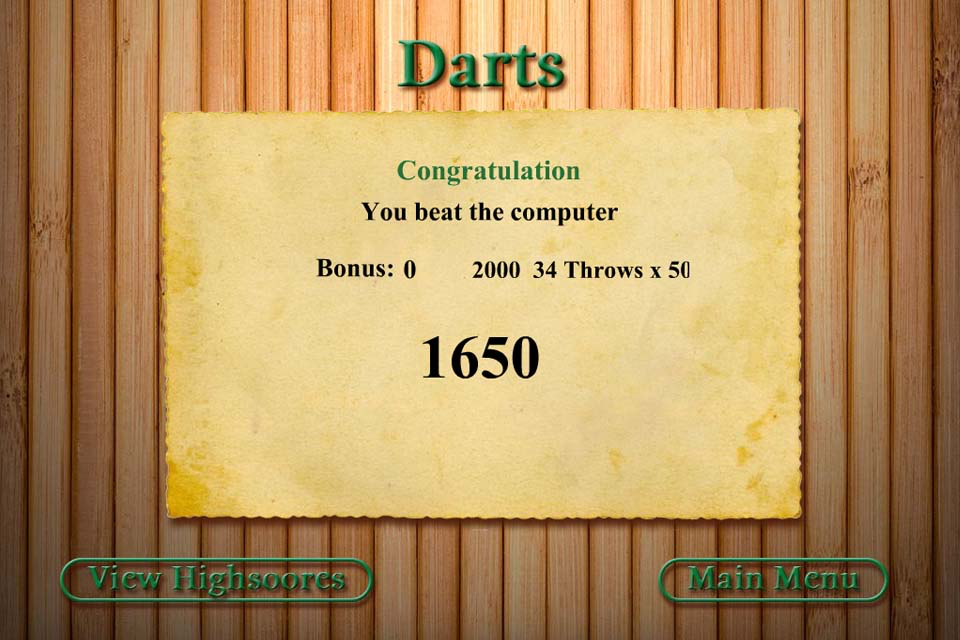 Darts Free - Écran de victoire du jeu Darts Free montrant une victoire contre l'ordinateur avec un score de 1650