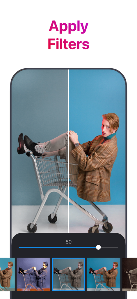 Grid Preview for Instagram - Uma interface de smartphone mostrando o recurso de aplicação de filtros com uma comparação de tela dividida antes e depois de uma foto e uma seleção de predefinições de filtro