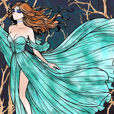 realistic woman in dress flowing the the wind