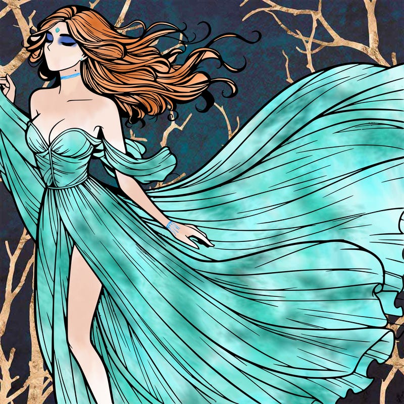 realistic woman in dress flowing the the wind