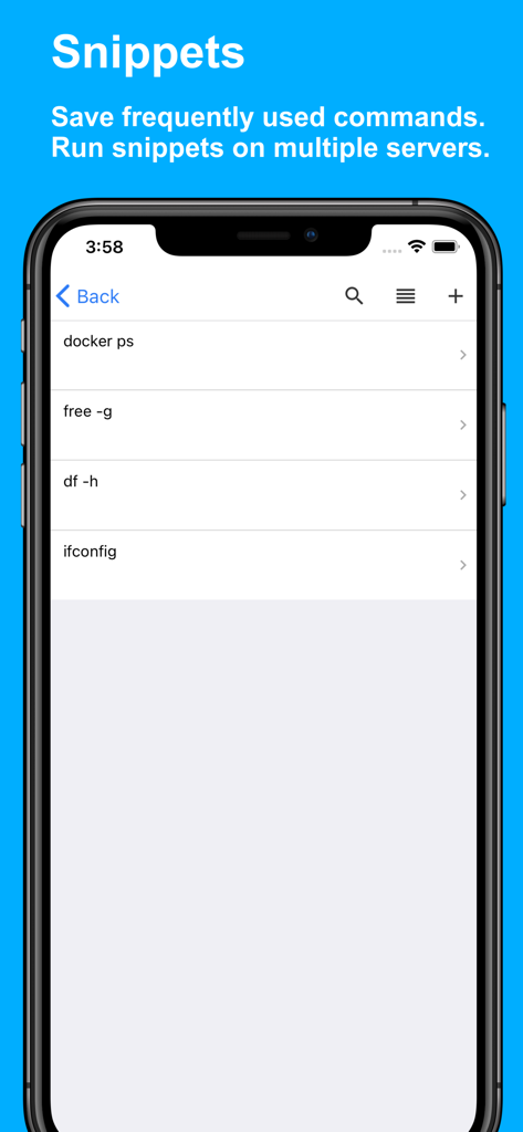 Termux Pro - Screenshot of Termux Pro app interface showing a list of saved command snippets for SSH server management on an iPhone