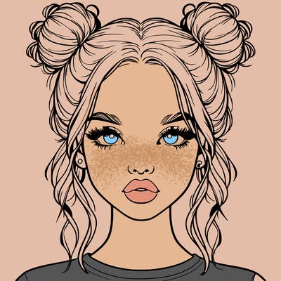 realistic girl with two buns in hair and lips