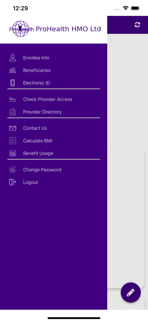 Menu laterale dell'app mobile Prohealth HMO che mostra opzioni di gestione sanitaria come Informazioni sull'iscritto e ID elettronico