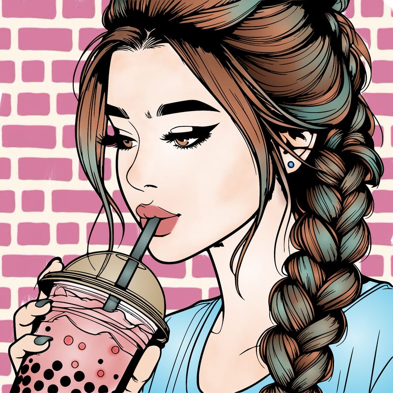 realistic girl drinking boba tea with braided hair