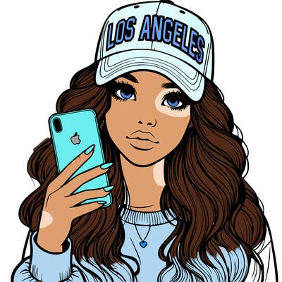 realistic beautiful girl wearing los ángeles cap holding an iphone