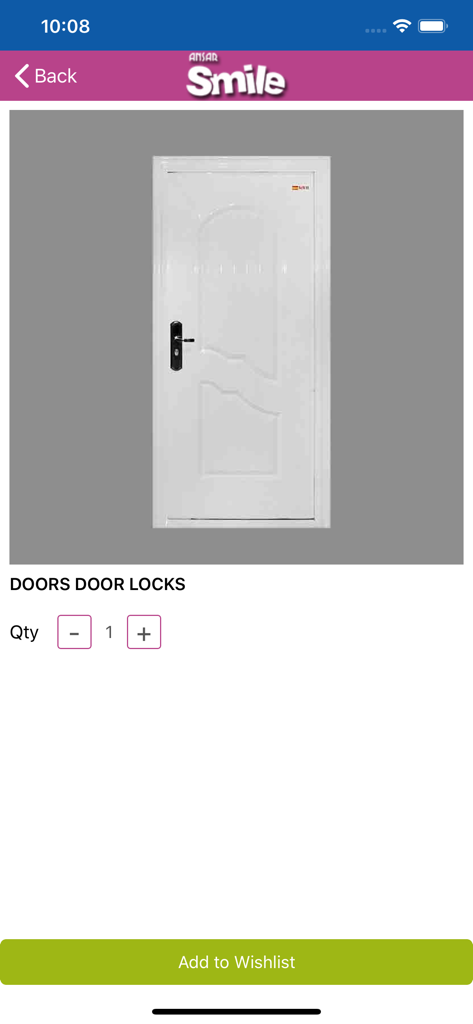 Ansar Smile app interface displaying a white door with a black handle and an add to wishlist button
