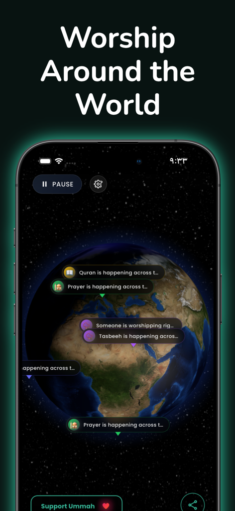 Ummah – Worship Together - Interactive globe showing real time prayer and Quran reading activities across the world on the Ummah app