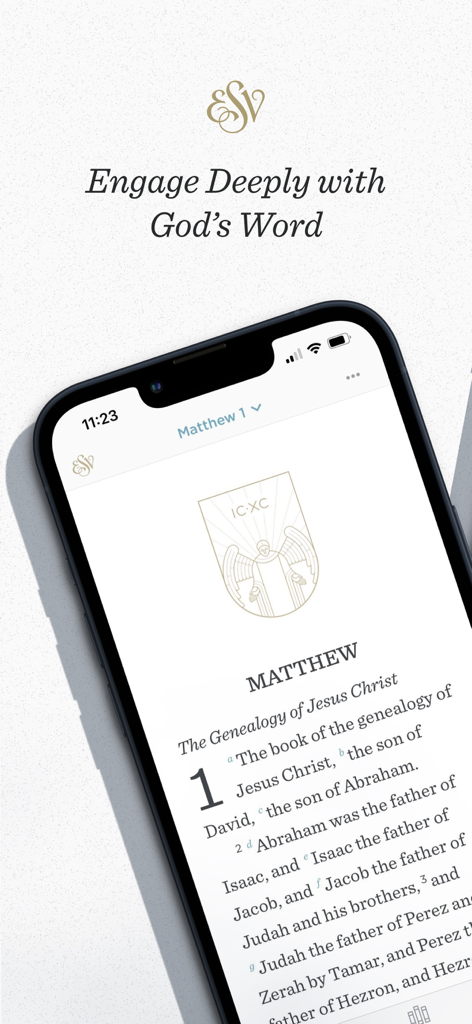 Smartphone screen showing the book of Matthew in the ESV Bible app interface