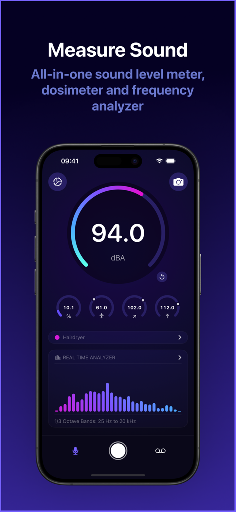 Decibel dB Sound Meter Ultra - App Decibel dB Sound Meter Ultra su uno smartphone che visualizza una misurazione di 94,0 dBA e analizzatore di frequenza in tempo reale