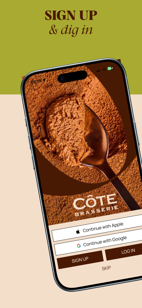 Côte Brasserie - Cote Brasserie app signup screen featuring a chocolate mousse and login options