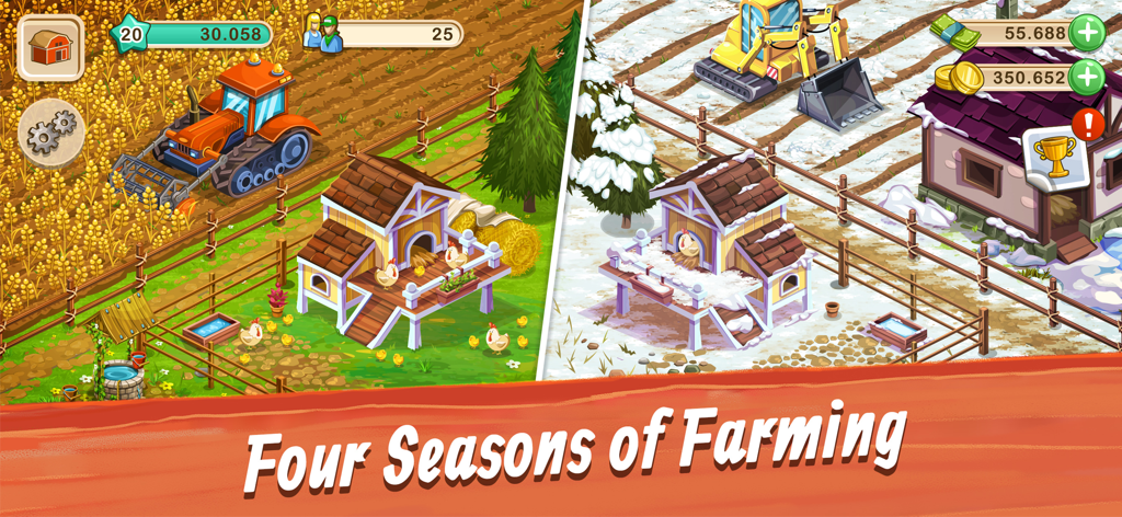 Big Farm: Mobile Harvest - Big Farm Mobile Harvestのゲームプレイ画面。夏から冬への季節の移り変わりを示している