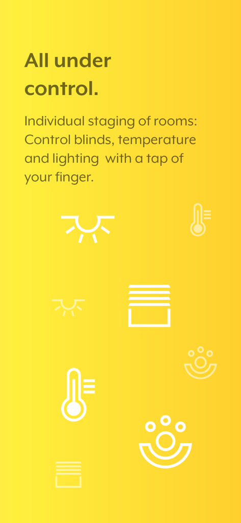 Smart Visu Server - 黄色の背景にSmart Visu Serverアプリのブラインド、温度、照明のコントロール機能が表示されたプロモーション画面