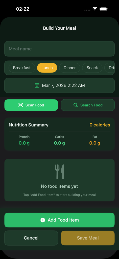 GutCheck — Gut Health Tracker - The Build Your Meal screen in the GutCheck app showing options to log food for lunch and view nutrition summaries.