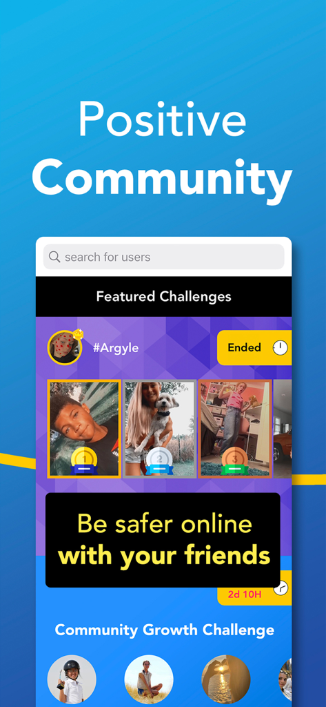 Coverstar app interface showing a positive community with featured video challenges and safety messages for kids