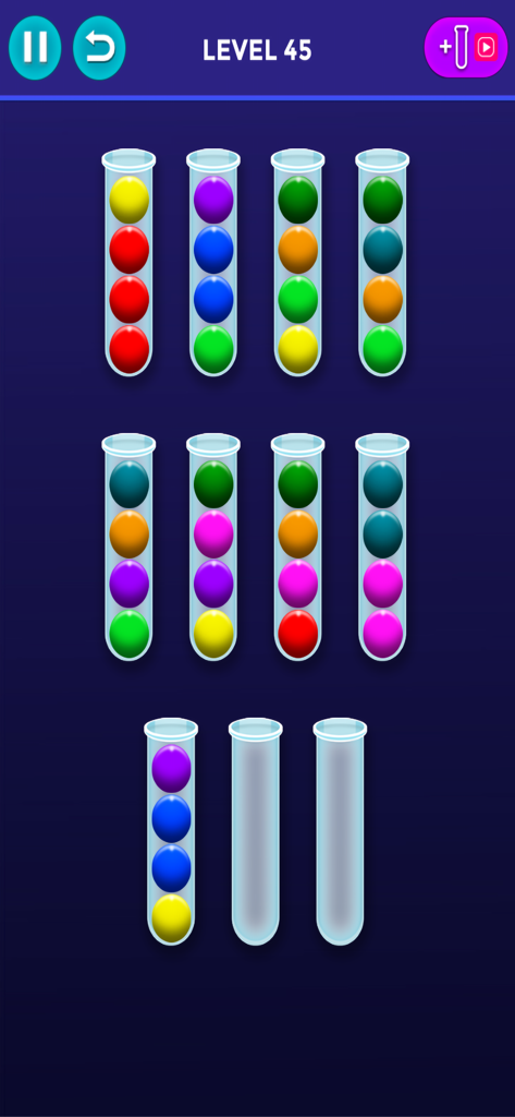 Ball Sort : Color Puzzle Game - Un écran de jeu mobile montrant le niveau quarante-cinq d'un puzzle de tri de boules avec des boules colorées dans des tubes en verre.