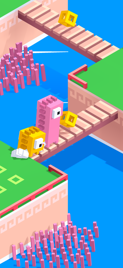 Dino Bros - Two blocky dinosaurs, one pink and one yellow, crossing a wooden bridge in a vibrant voxel-style puzzle level.