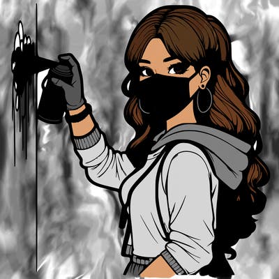 realistic girl with mask spray painting a wall