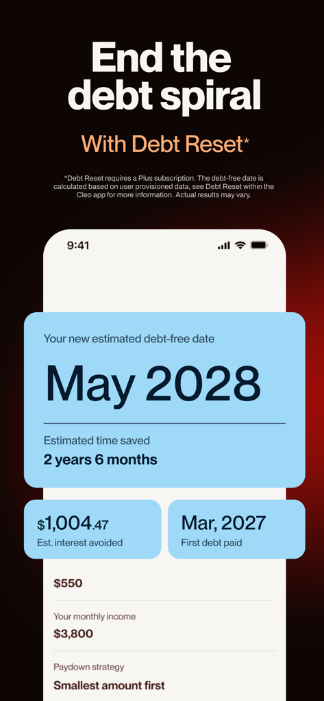 Captura de tela do aplicativo Cleo AI exibindo o recurso de Redefinição de Dívida com uma data estimada de quitação de dívida e juros evitados.