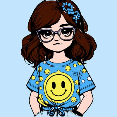 realistic girl with glasses on and a t-shirt with smiley faces on it