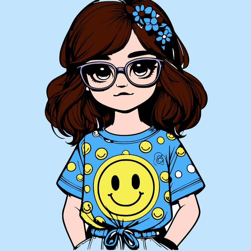 realistic girl with glasses on and a t-shirt with smiley faces on it