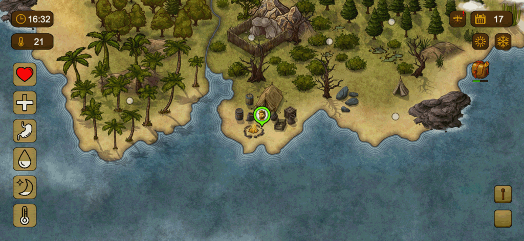 Island Story: 100 Days - A top down view of a desert island campsite with survival status icons in Island Story 100 Days