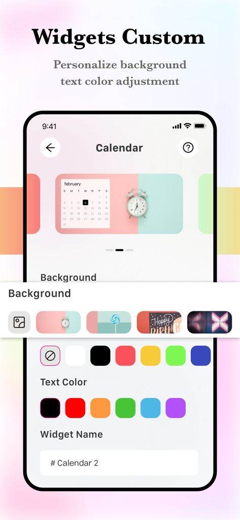 Interfaz para personalizar el fondo y el color del texto de un widget de calendario estético
