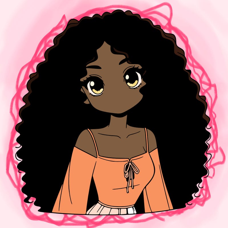 a black anime girl with long afro hair