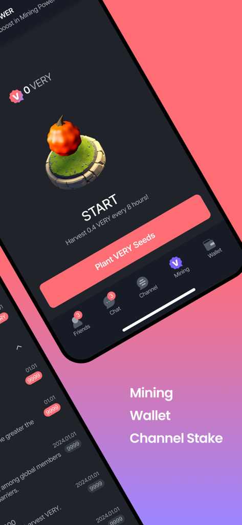 Mobile interface of Verychat showing the mining section with token rewards and planting seeds feature