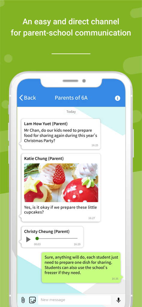 Mobile screen of eClass Teacher App showing a direct chat interface for communication between teachers and parents