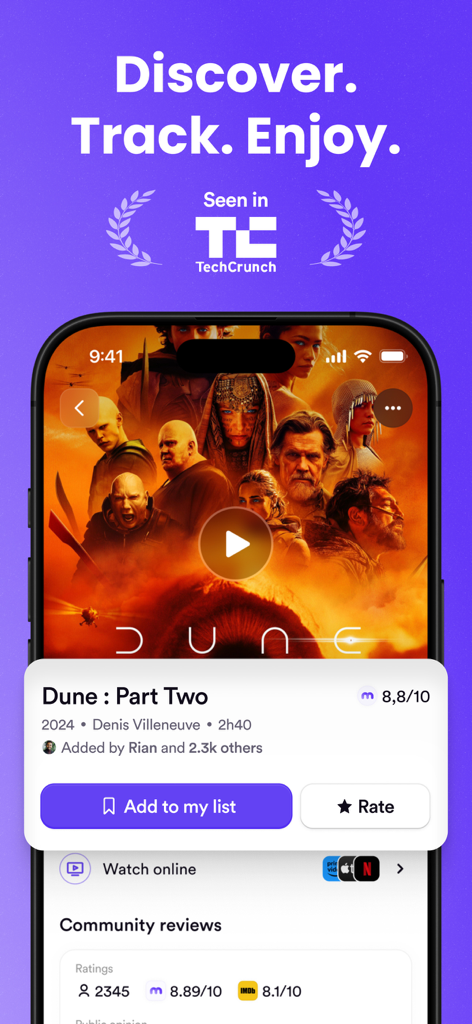 Captura de pantalla de la aplicación Memorizer que muestra los detalles de la película Dune Parte Dos con opciones para añadir a la lista y calificar