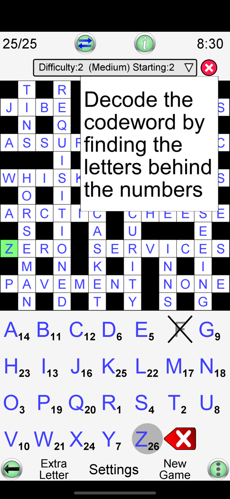Codeword Unlimited + - A codeword puzzle grid on a mobile screen showing the game instructions to decode letters from numbers.