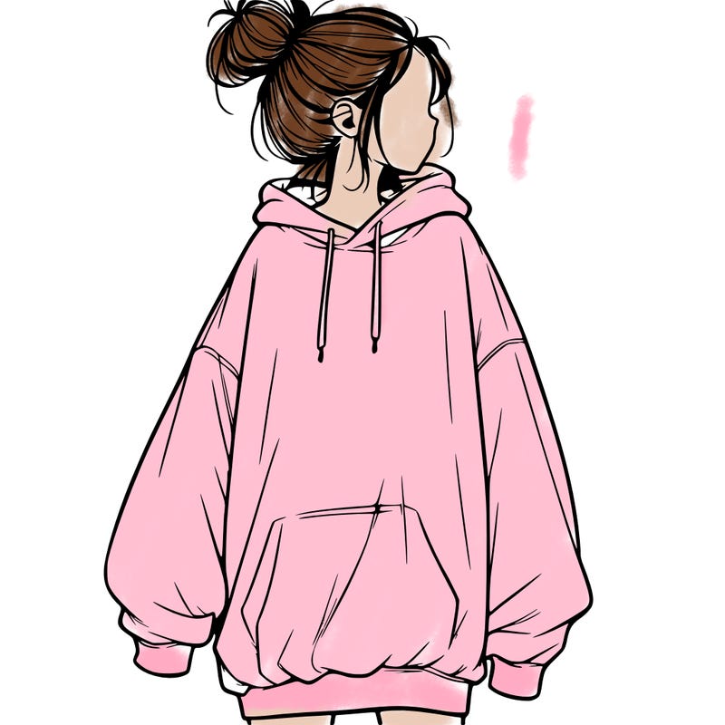 realistic girl with a oversized sweatshirt on and a bun