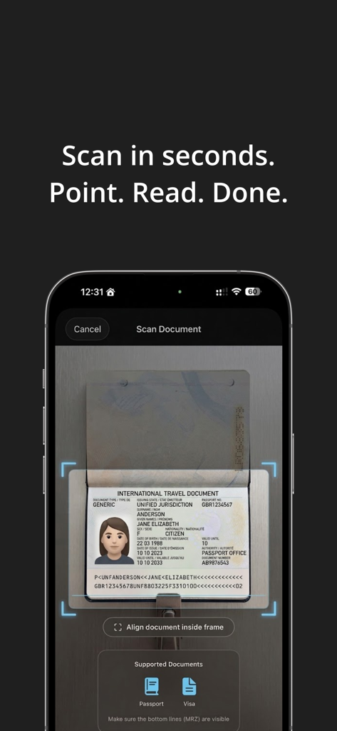 FlyID - FlyID App-Oberfläche mit einem Smartphone, das ein internationales Reisedokument mit On-Device-OCR-Technologie scannt