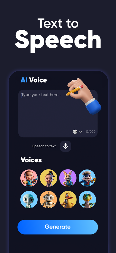AI Voice - Voice Changer - Interface of the AI Voice app showing the text to speech feature with various character voice options and a generate button.