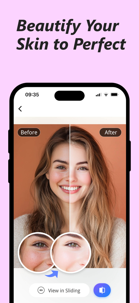 Before and after comparison of AI skin beautification and retouching feature