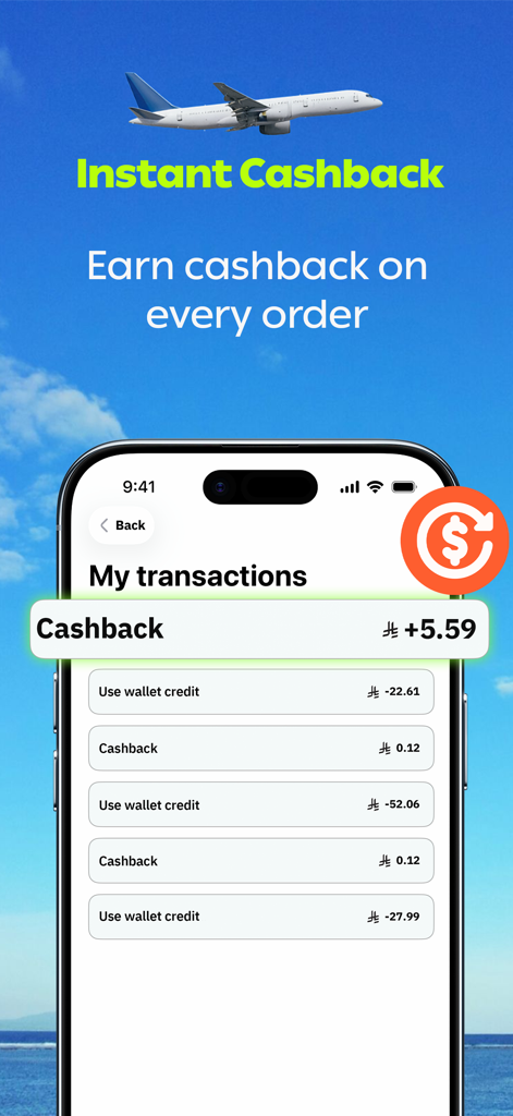 Burj - Unlimited Travel eSIM - Burj travel eSIM app interface showing instant cashback rewards on a transactions screen with an airplane in the sky background