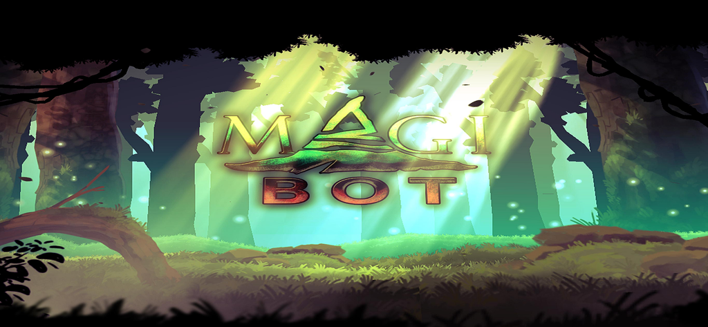 Magibot game title screen featuring a magical forest background with sun rays
