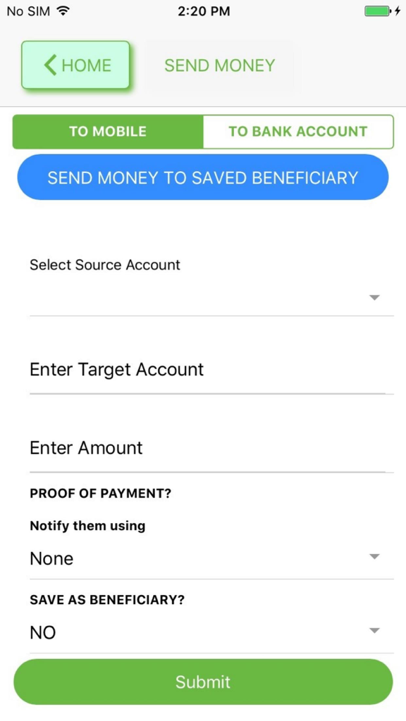 ZB eWallet - Send money interface in the ZB eWallet app showing options for mobile or bank account transfers