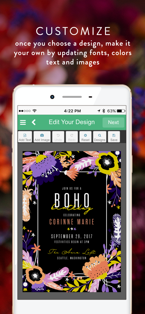 Greenvelope: Email/SMS Invites - Greenvelope mobile app interface for customizing a floral boho birthday invitation design