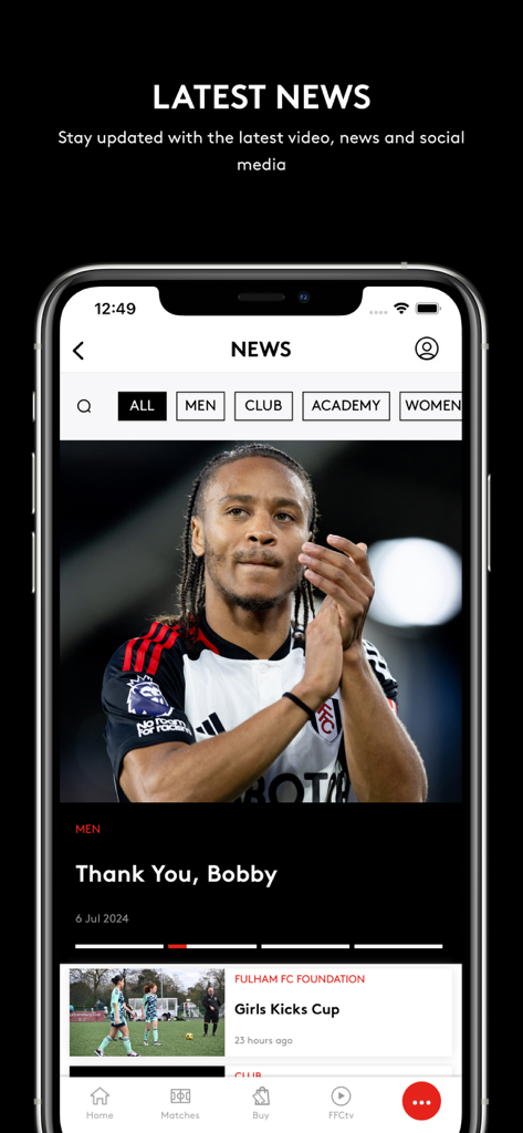 Official Fulham FC App - Latest news section of the Official Fulham FC App featuring club updates and player stories