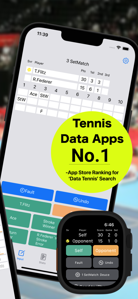 iPhoneとApple Watchの試合スコアとトップランキングバッジを示すテニススコアキーパー-DataTennisアプリインターフェイス
