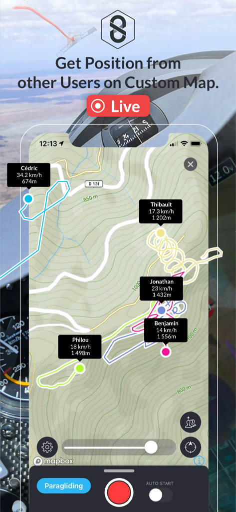 SportsTrackLive: Action Sports - Live map showing positions and speeds of multiple users during action sports