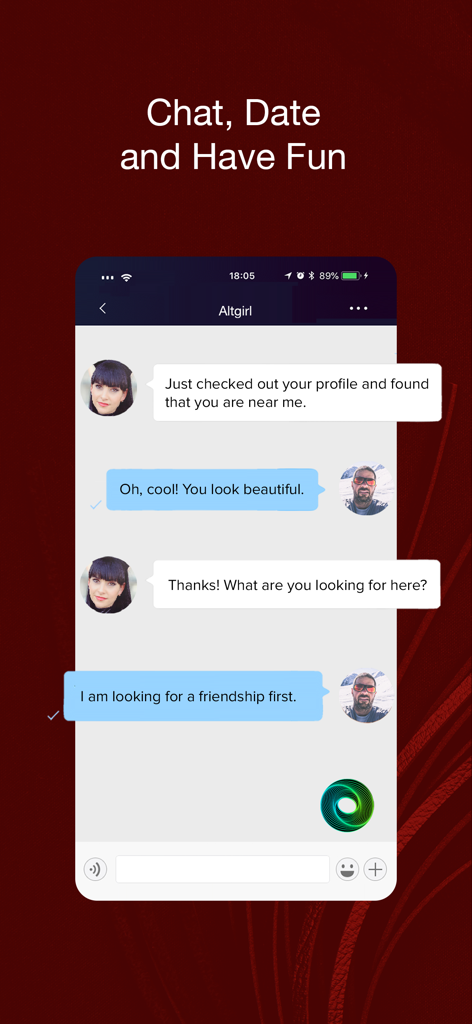 Chat conversation between two users in the Kinkoo alternative dating app