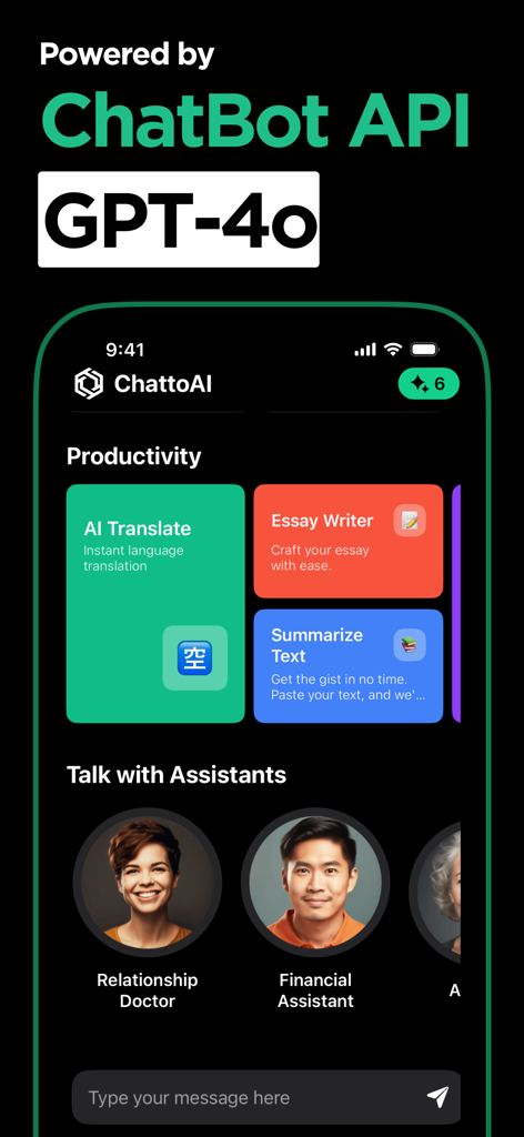 Chatto AI mobile app interface showing productivity tools and specialized AI assistants