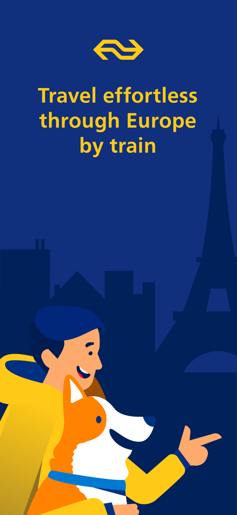 NS International - Promotional graphic for NS International app showing a person with a dog and the Eiffel Tower in the background